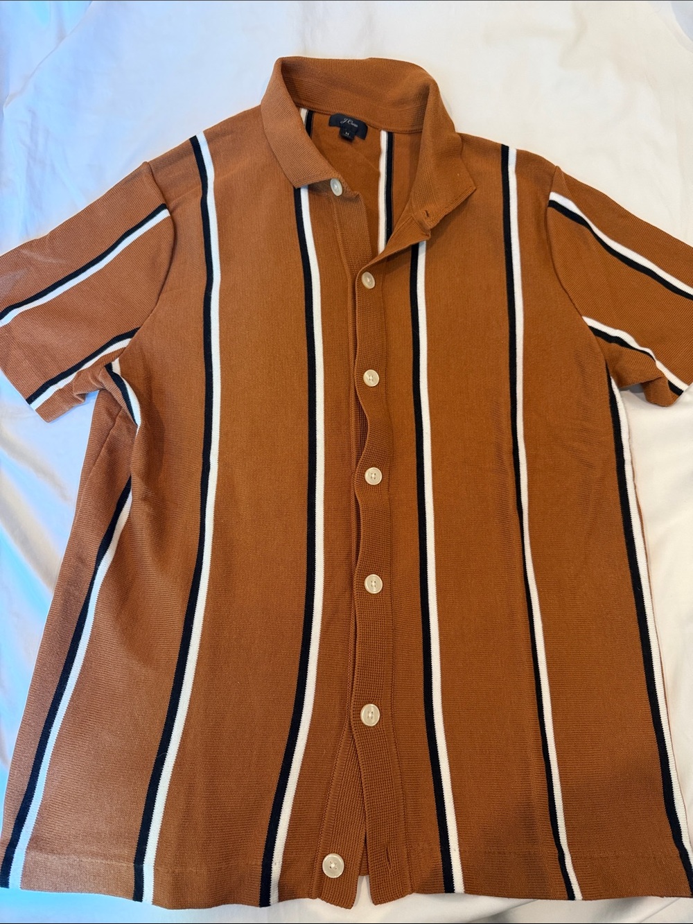 J. Crew Men's Rust and Black Vertical Stripe Short-Sleeve Button-Down Shirt